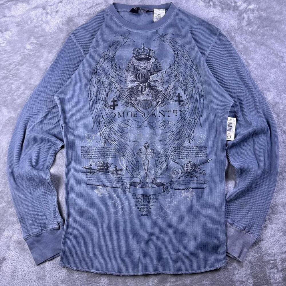 No Boundaries Affliction Style Thermal Shirt womens M Blue GraphicLongSleeve Y2K
